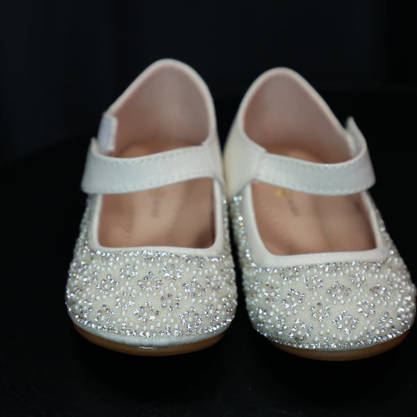 Silver Mary Jane shoes for baby girls.