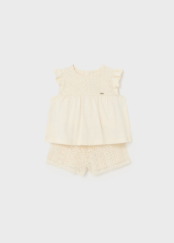 Mayoral Guipure Short Set for girls in chickpea color.