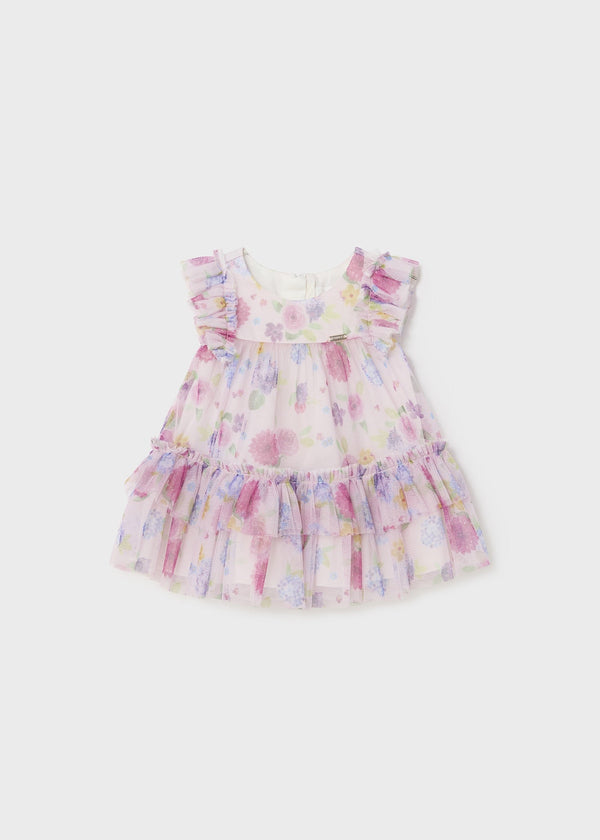 Mayoral Tulle Printed Dress in lullaby rose for baby girls.