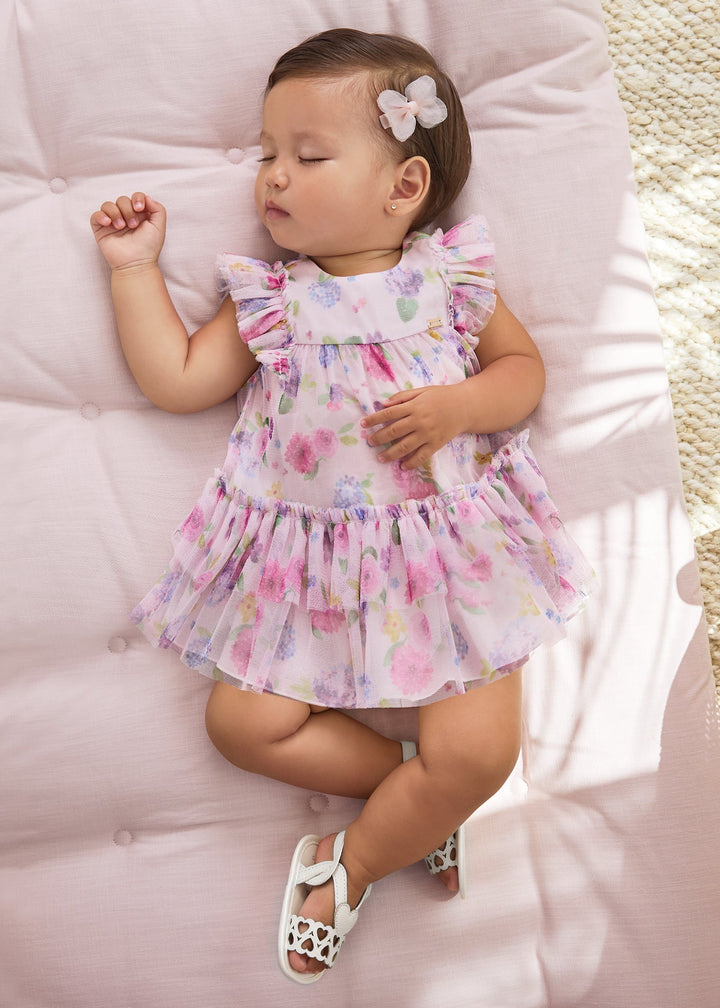 Mayoral Tulle Printed Dress in lullaby rose for baby girls.