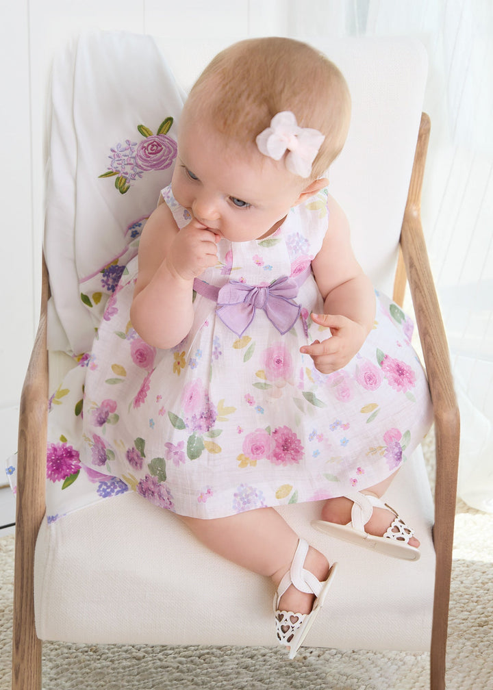 Mayoral Printed Dress in lullaby rose for newborn baby girls.