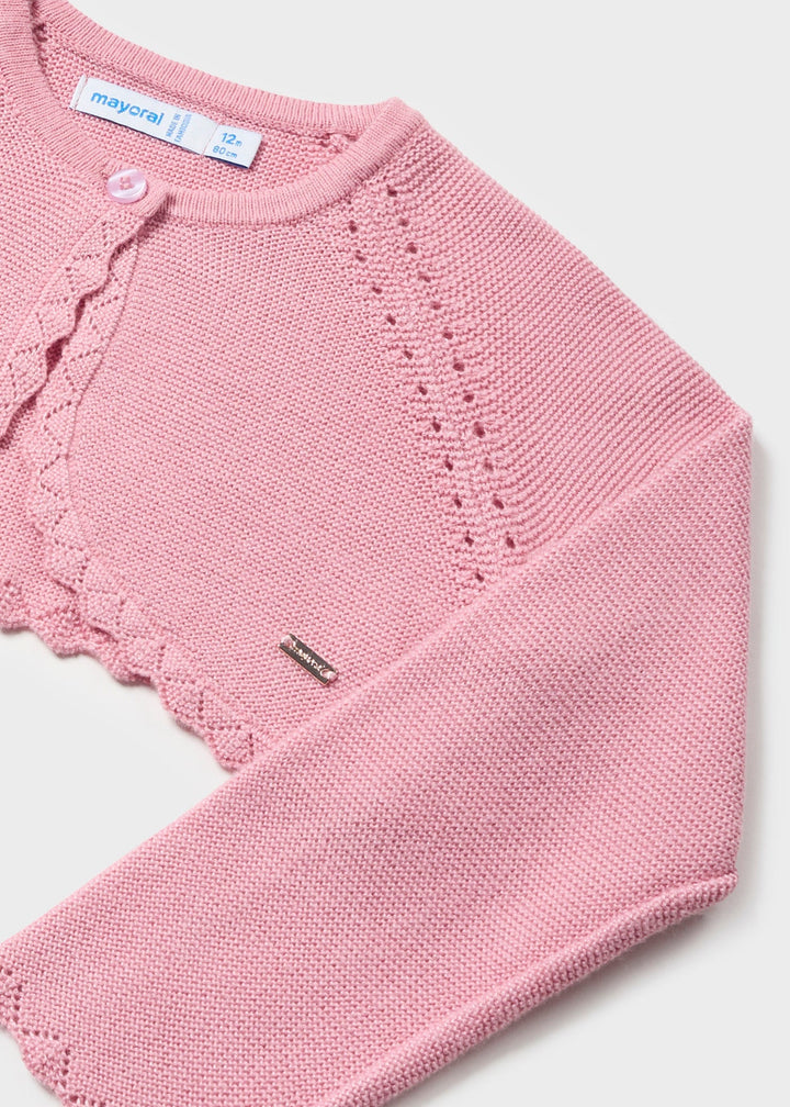 Mayoral Basic Knit Bolero Petunia - "Girls' petunia pink knit bolero with long sleeves and single button closure by Mayoral.