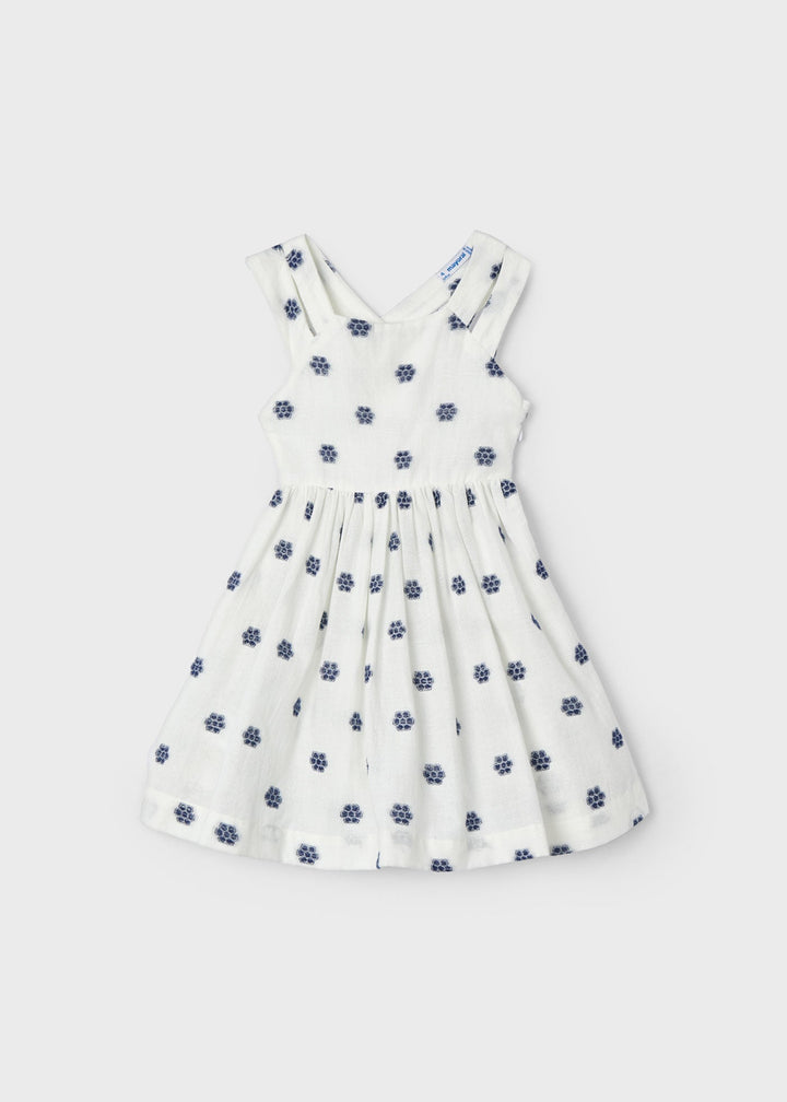 White Jacquard Flower Dress by Mayoral - Exquisite Floral Detailing for Elegant Occasions at Kids Chic.