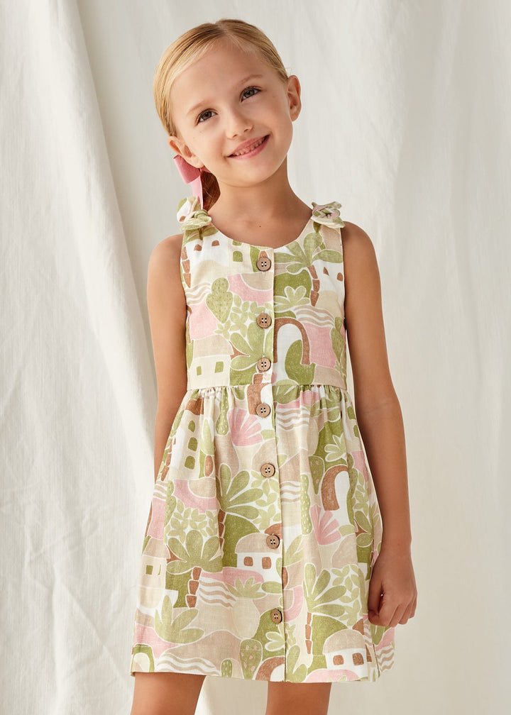 Mayoral Printed Dress Apple - "Girls' apple green dress with floral print and ruffled sleeves by Mayoral.