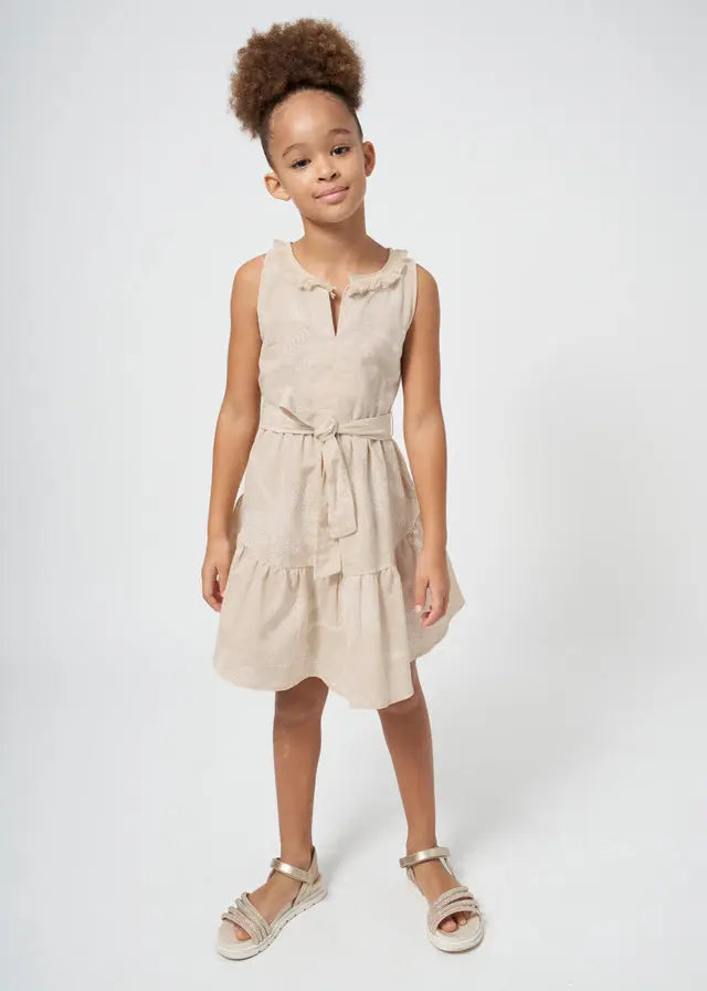 6955 - linen dress palm print t for Teen girl - Natural Mayoral