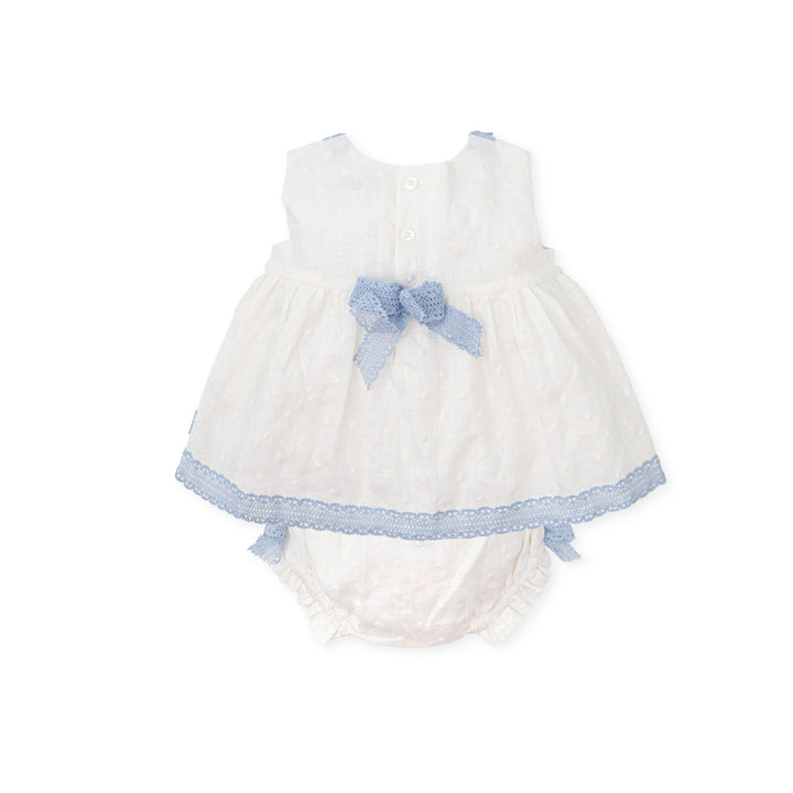 Chemical white Aikido baby woven dress and matching briefs set, designed for comfort and cuteness with delicate detailing.