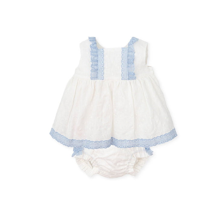 Chemical white Aikido baby woven dress and matching briefs set, designed for comfort and cuteness with delicate detailing.