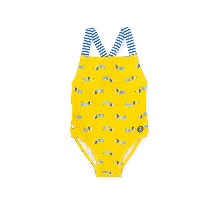 A sunny yellow knitted swimsuit from Tutto Piccolo, designed for baby girls, featuring a comfortable fit and playful design, perfect for beach days and swimming.