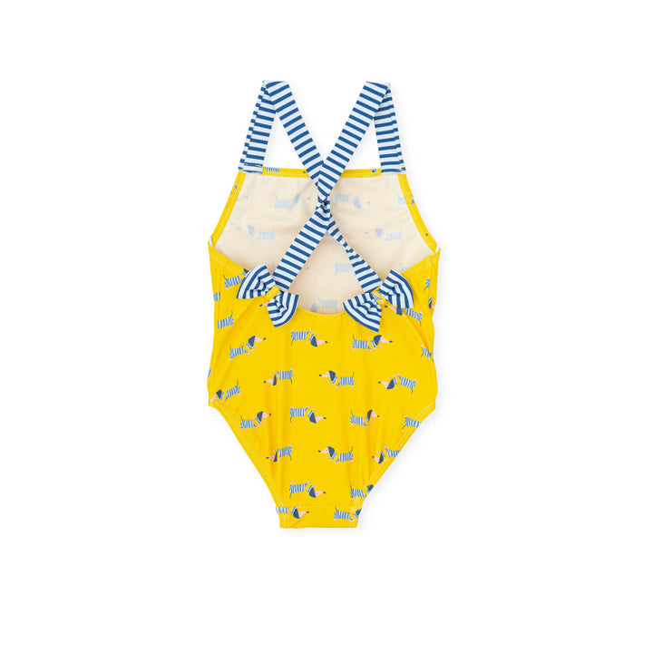 A sunny yellow knitted swimsuit from Tutto Piccolo, designed for baby girls, featuring a comfortable fit and playful design, perfect for beach days and swimming.