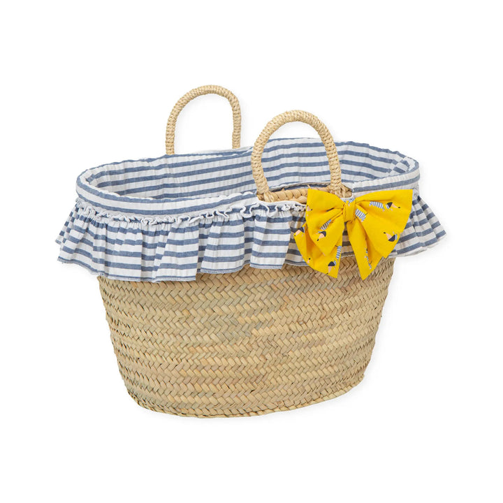 An elegant woven beach bag in atlantic blue from the Tutto Piccolo collection, showcasing a canicross theme, ideal for adding a touch of style while carrying beach essentials for children.