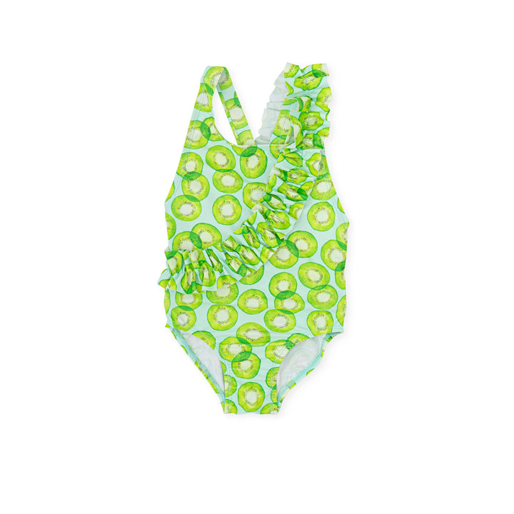 One-piece B Kickball knitted swimsuit for children in a striking lime green, designed for fun and comfort at the pool or beach.