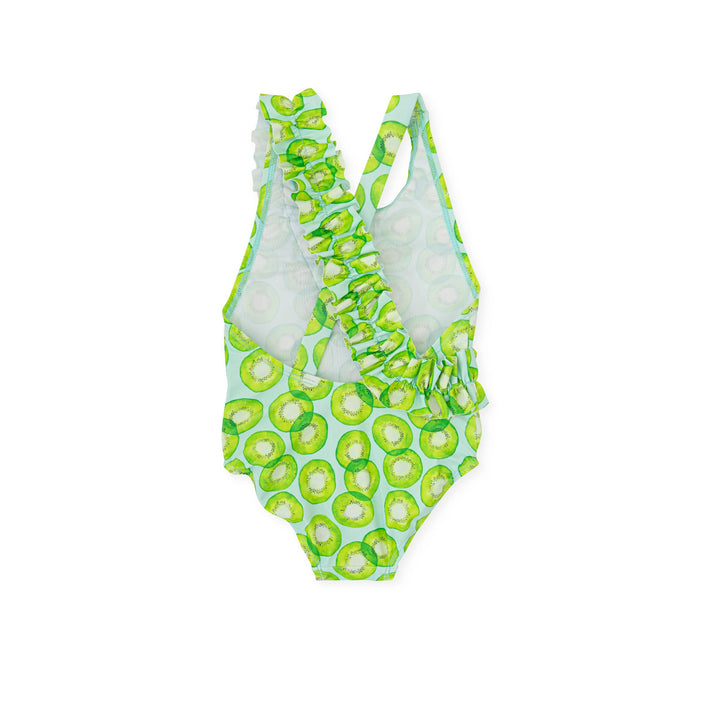 One-piece B Kickball knitted swimsuit for children in a striking lime green, designed for fun and comfort at the pool or beach.