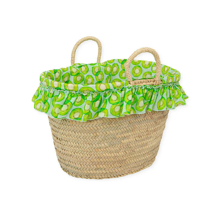A lively lime green woven beach bag, part of the Tutto Piccolo summer collection, decorated with a kickball motif, offering a stylish and practical solution for carrying children's beach essentials.