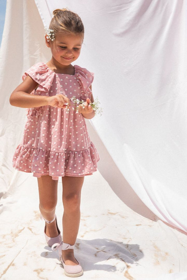 Petal pink Kendo woven summer dress for kids with delicate ruffle detailing and a soft, flowing silhouette.