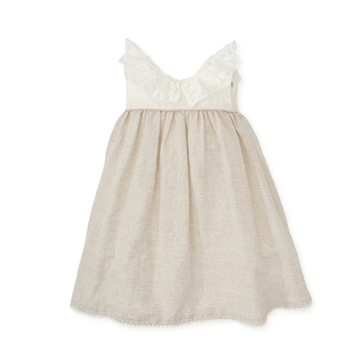 A chic sand-colored woven dress from the Tutto Piccolo kids' clothing line, offering a blend of elegance and comfort for baby girls, ideal for summer outings or special occasions.