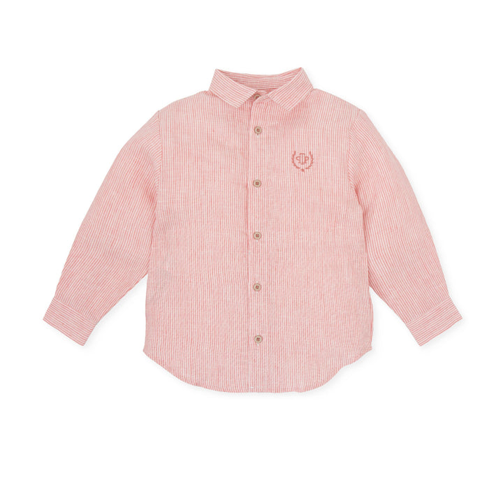 A delicate petal pink woven shirt by Tutto Piccolo, tailored for boys, merging classic design with a touch of summer flair, suitable for both casual and formal wear.