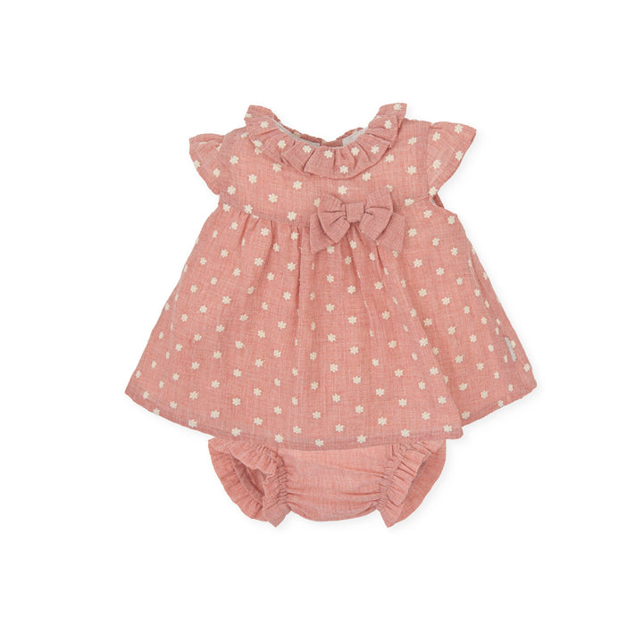 Petal pink Kendo baby woven dress with matching briefs set, featuring a delicate and soft design ideal for summer, adorned with subtle detailing for a touch of elegance.