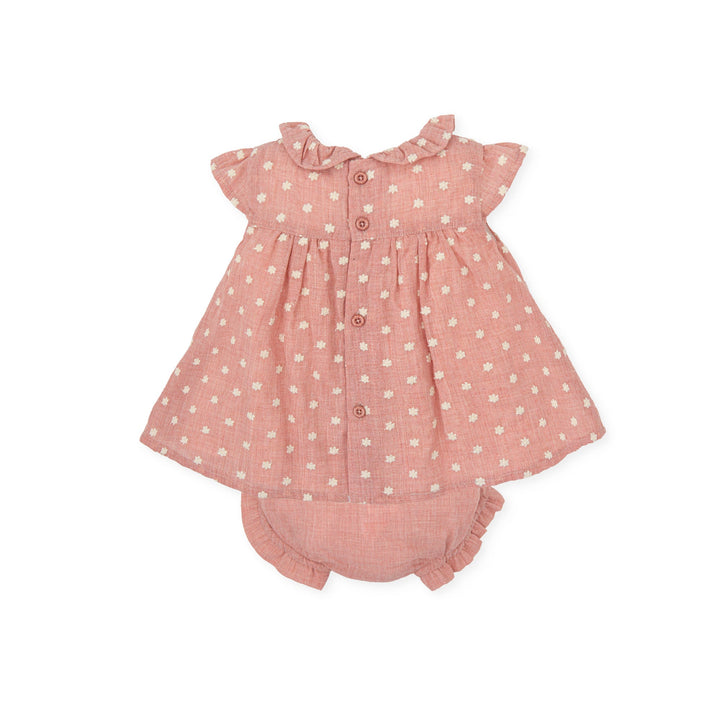 Petal pink Kendo baby woven dress with matching briefs set, featuring a delicate and soft design ideal for summer, adorned with subtle detailing for a touch of elegance.