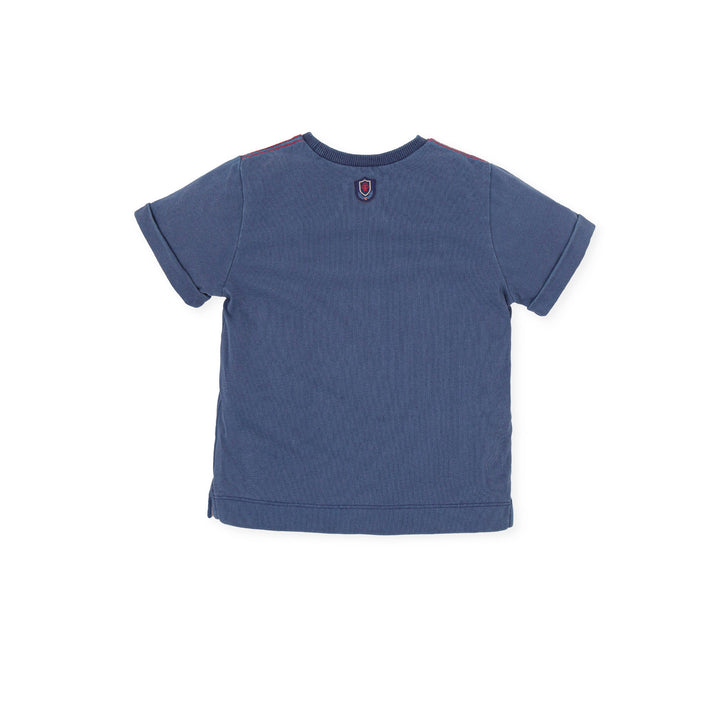 A casual yet stylish atlantic blue knitted T-shirt from Tutto Piccolo, tailored for boys, offering a comfortable and versatile option for summer wear.