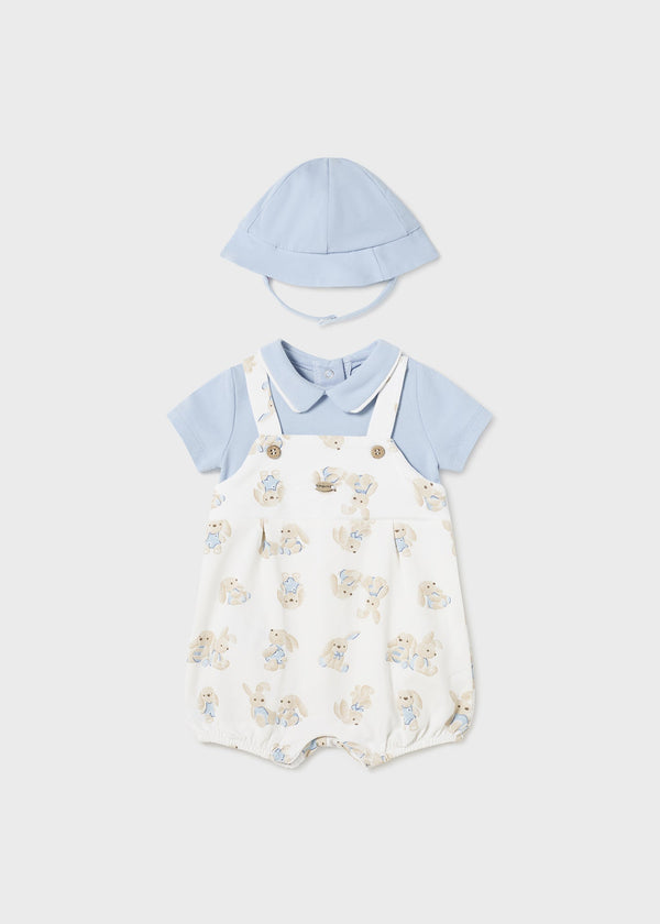 Mayoral Short Bodysuit with Hat in sky for babies.