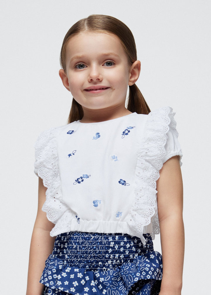 White Mayoral Short Sleeve Ruffled Shirt for Girls - Delicate Detailing at Kids Chic.