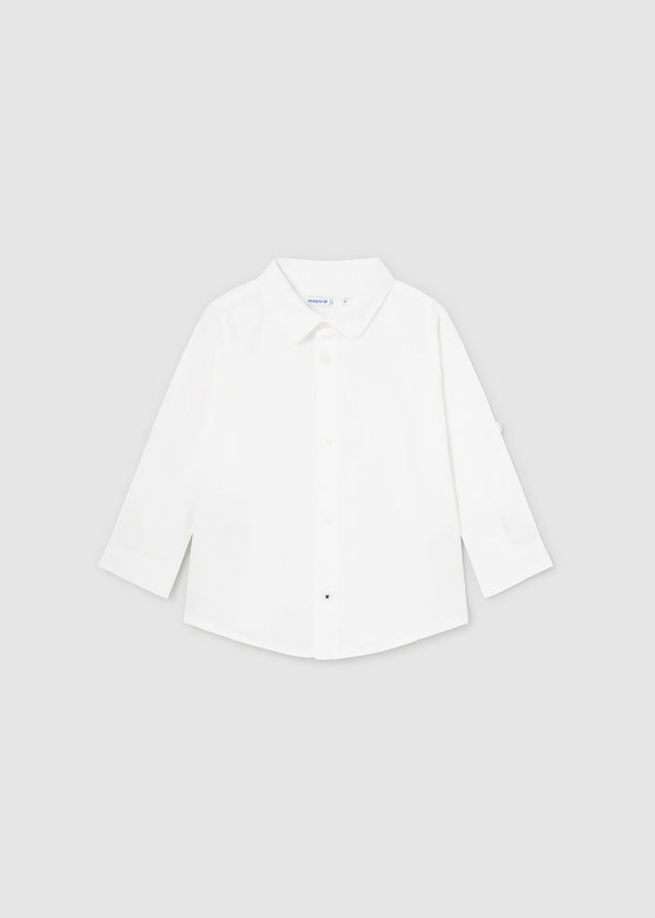 Mayoral Basic Linen Shirt White - "Boys' white long-sleeve linen shirt with button-down collar and front by Mayoral.