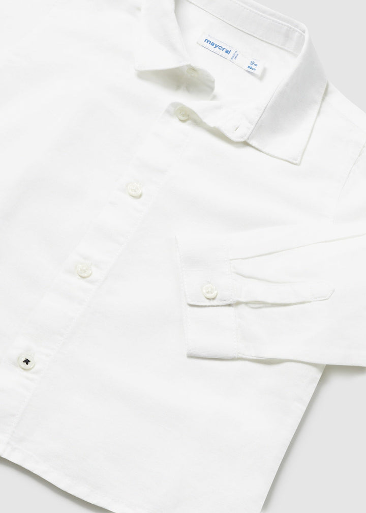 Mayoral Basic Linen Shirt White - "Boys' white long-sleeve linen shirt with button-down collar and front by Mayoral.