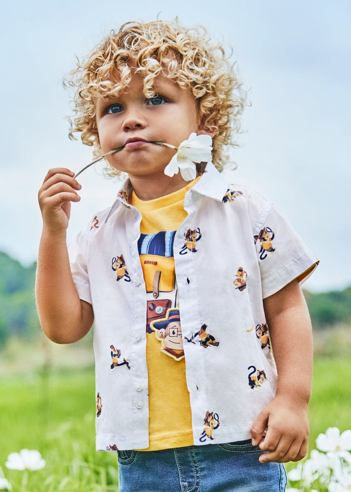 Mayoral Shirt white Banana - "Boys' white short-sleeve shirt with banana and leaf print, featuring a pointed collar by Mayoral.