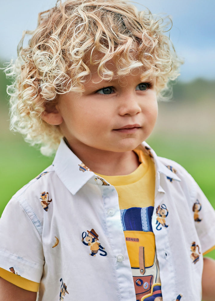Mayoral Shirt white Banana - "Boys' white short-sleeve shirt with banana and leaf print, featuring a pointed collar by Mayoral.