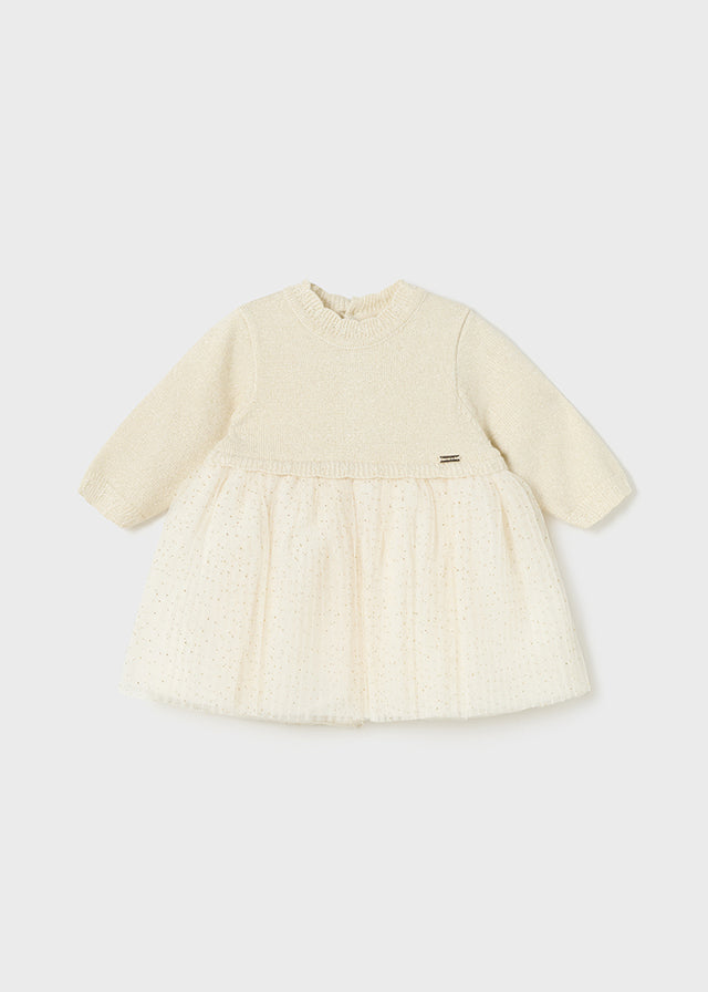 2858- Pleated knit tulle dress for newborn girl - Champagne Mayoral