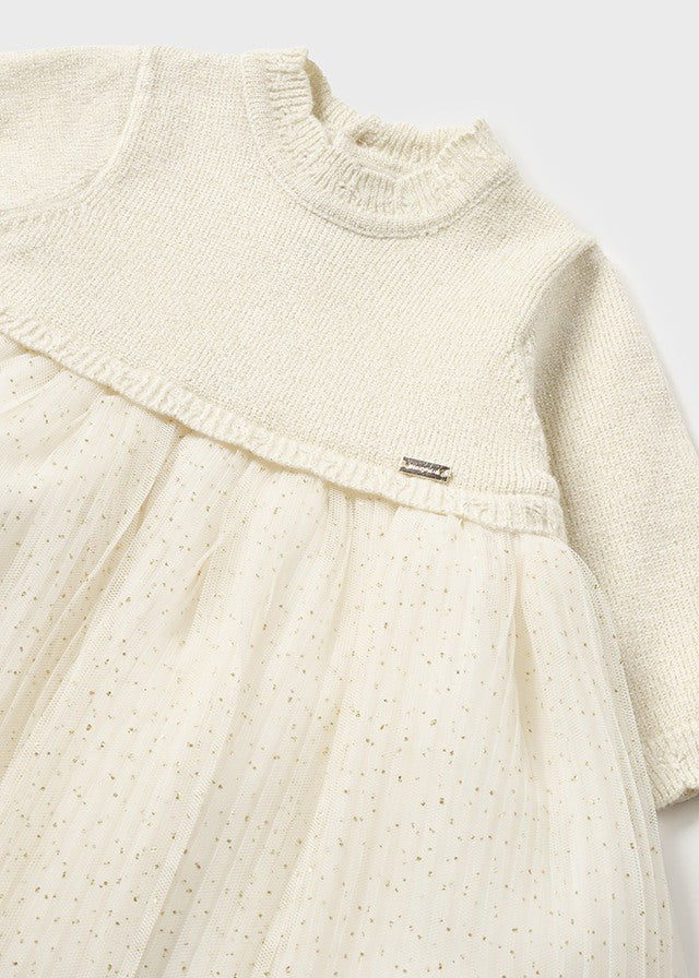 2858- Pleated knit tulle dress for newborn girl - Champagne Mayoral