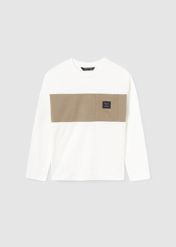 7076- contrast l/s t-shirt for teen boy - Cream Mayoral