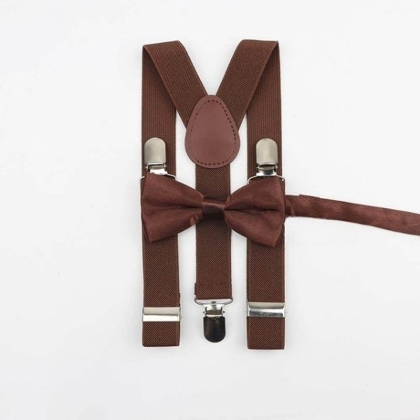 Stylish brown suspenders and bow tie set for boys.