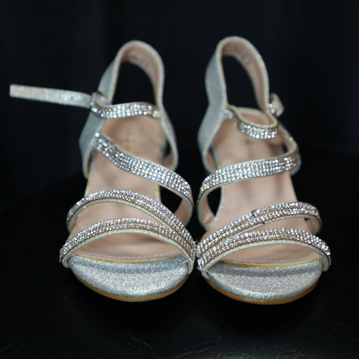 Silver open toe heel sandals for stylish young girls.