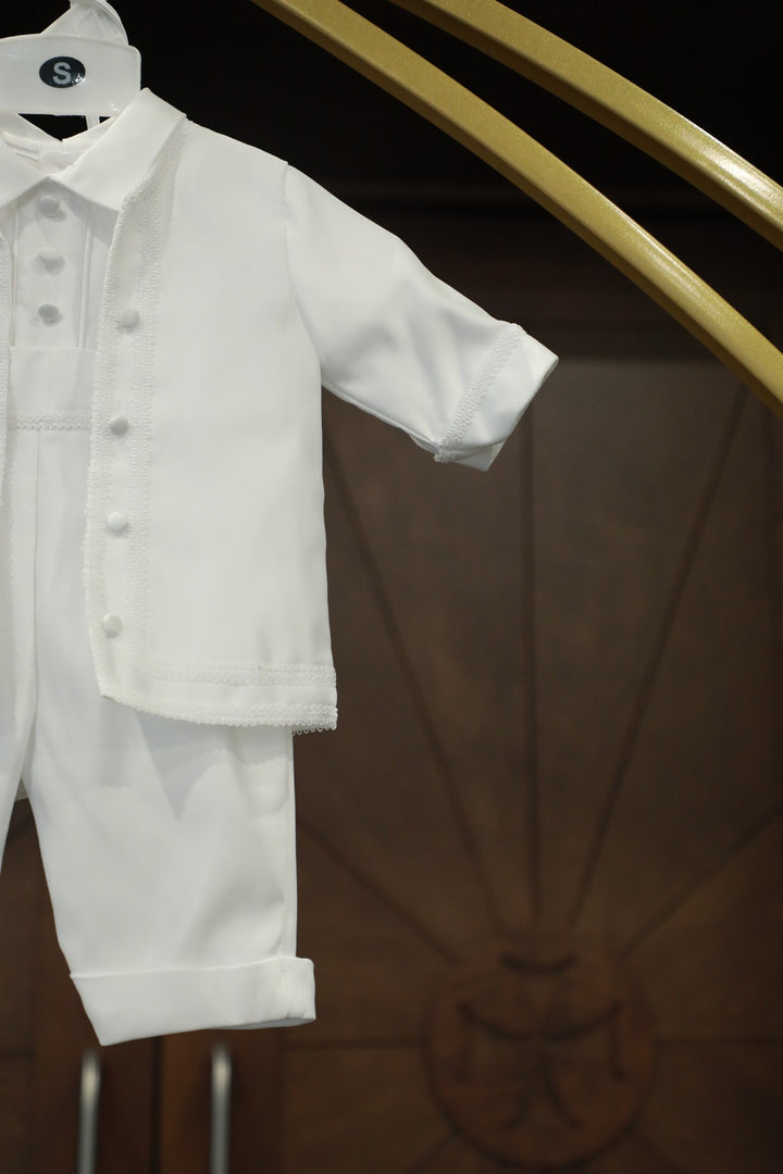 Baby Boys Formal White Christening Baptism silk 5 Piece Classic Tux Set (5) – White Kids Chic